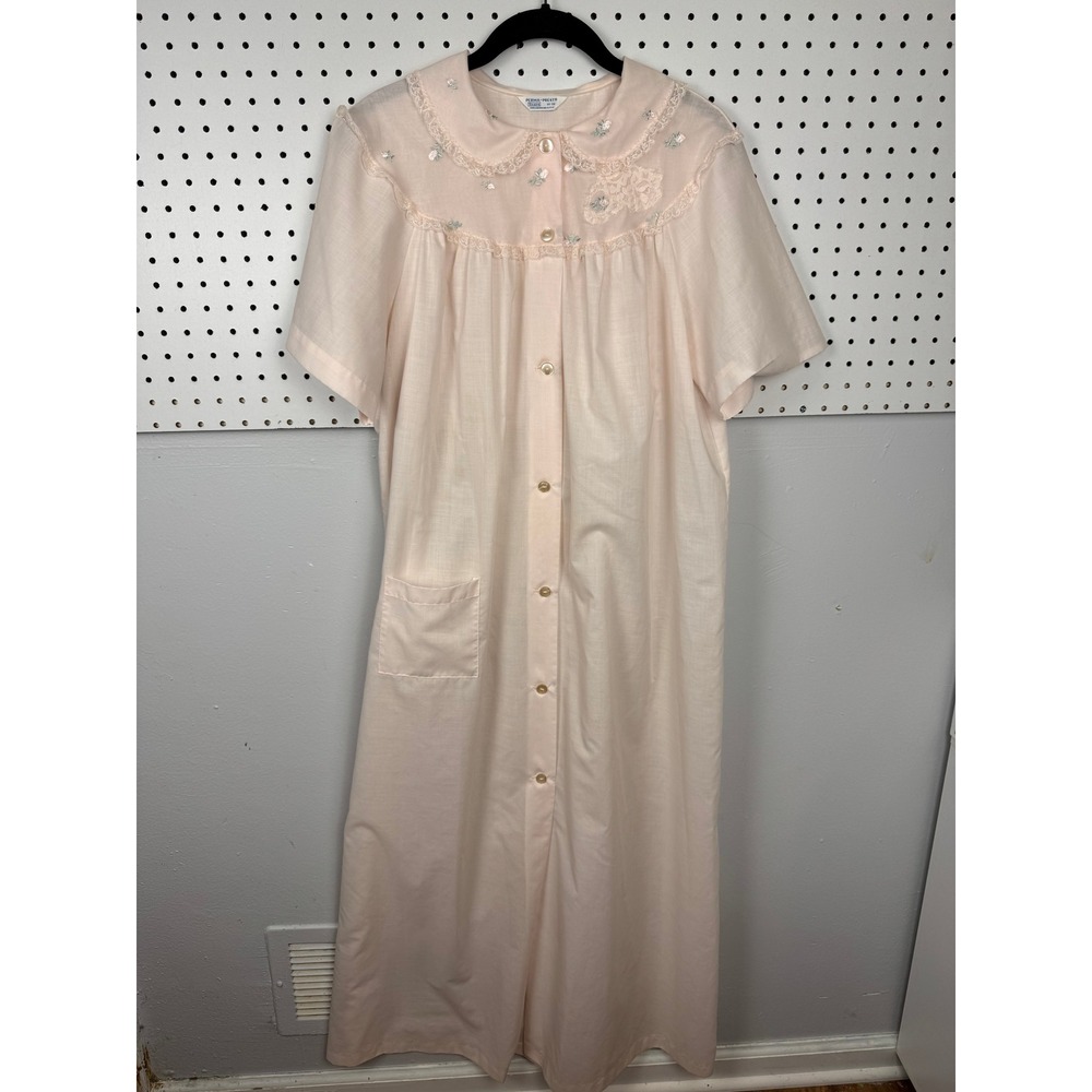 Vtg 70s Sears Pink House Coat Nightgown Maxi Dress Lace Embroidered Coquette